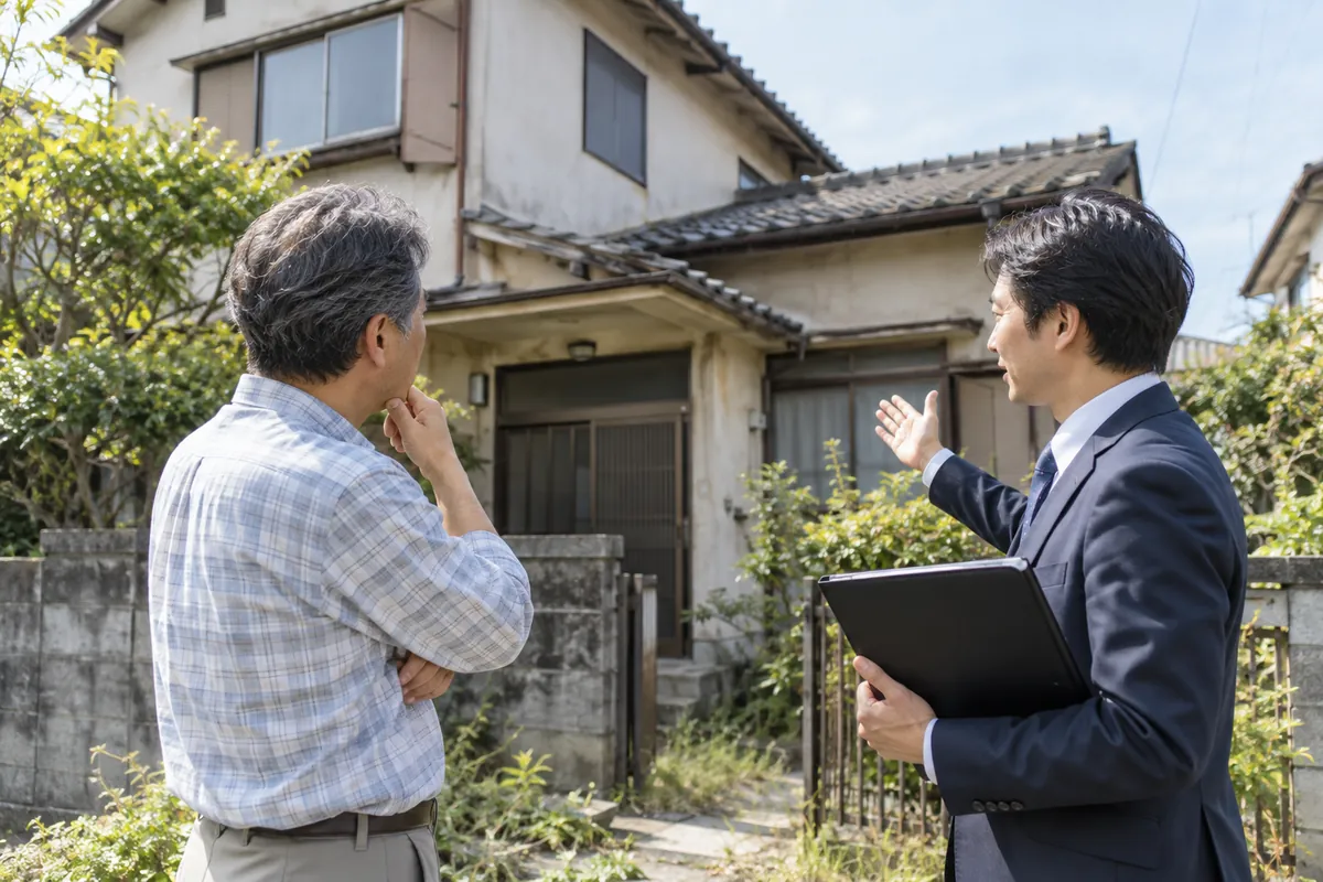 古家の売却について現地で相談する所有者