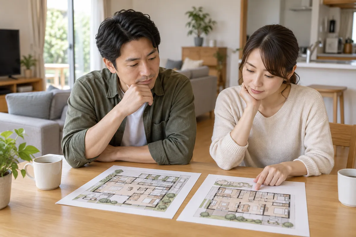 住み替えに向けて間取りを比較する夫婦