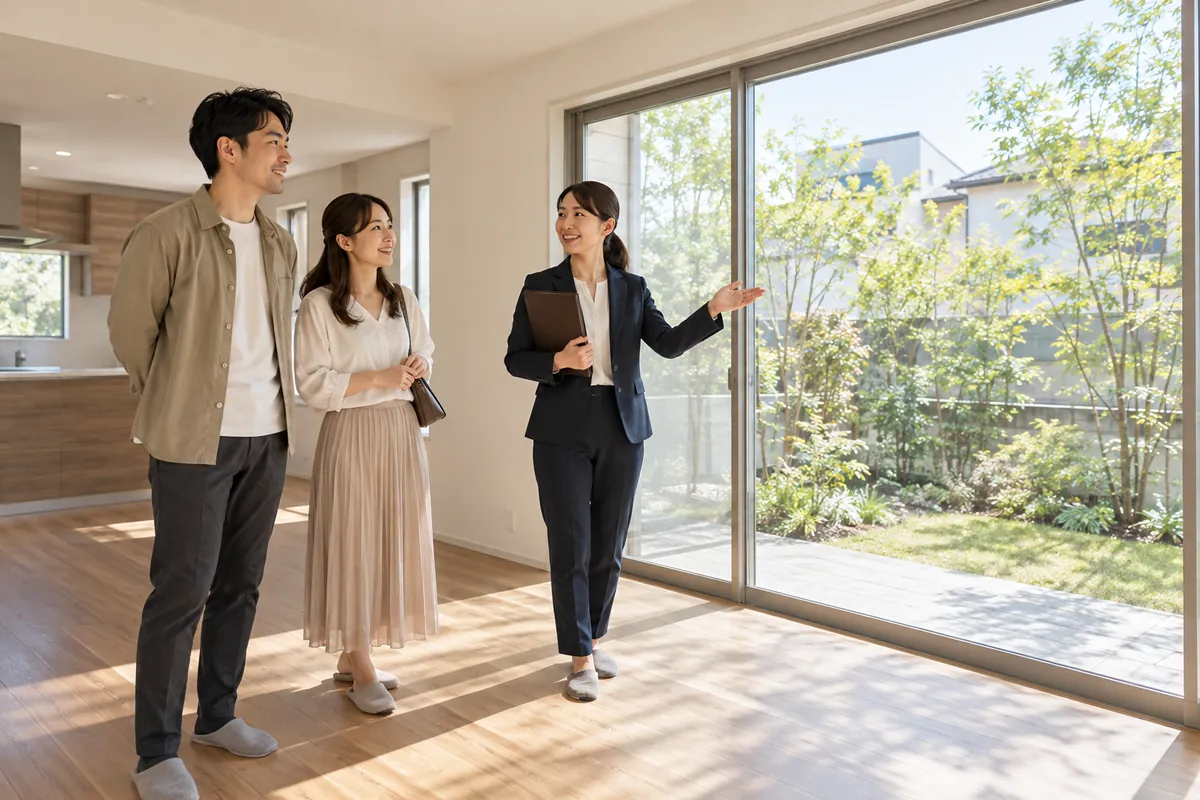 不動産担当者と新居を内覧する夫婦