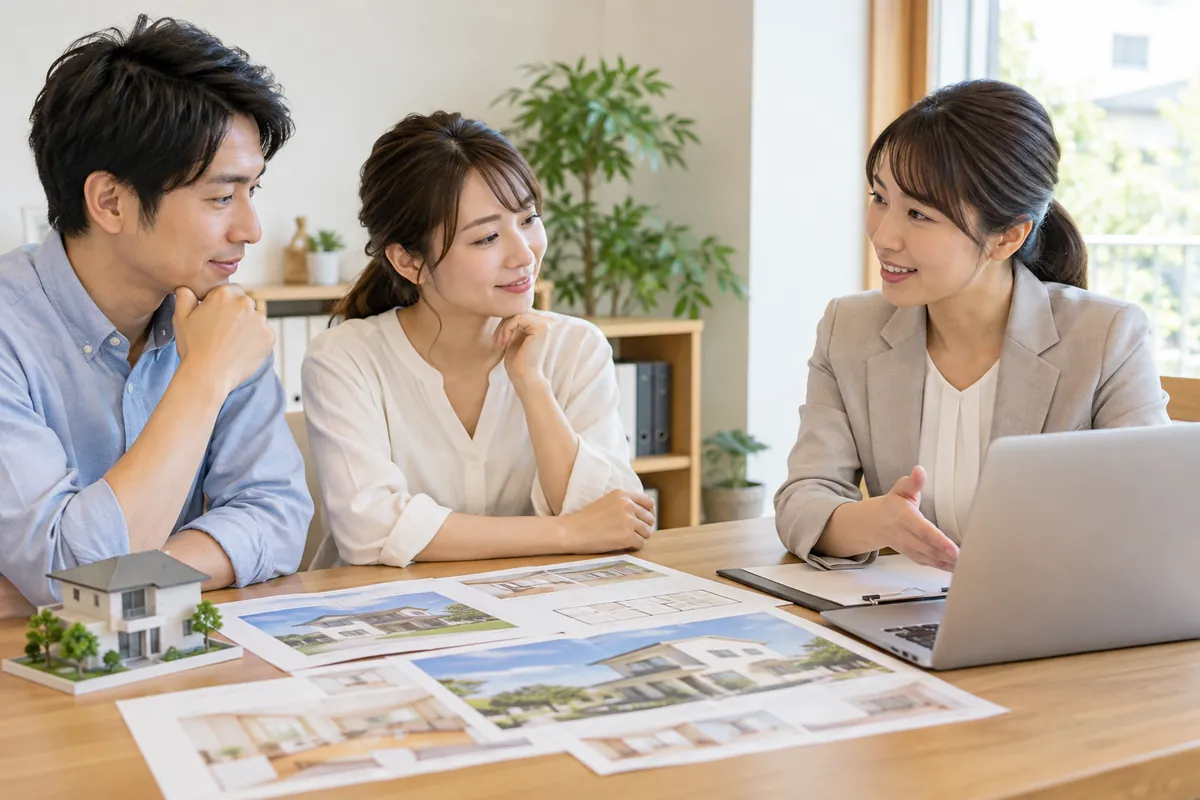 不動産担当者に住み替えを相談する夫婦