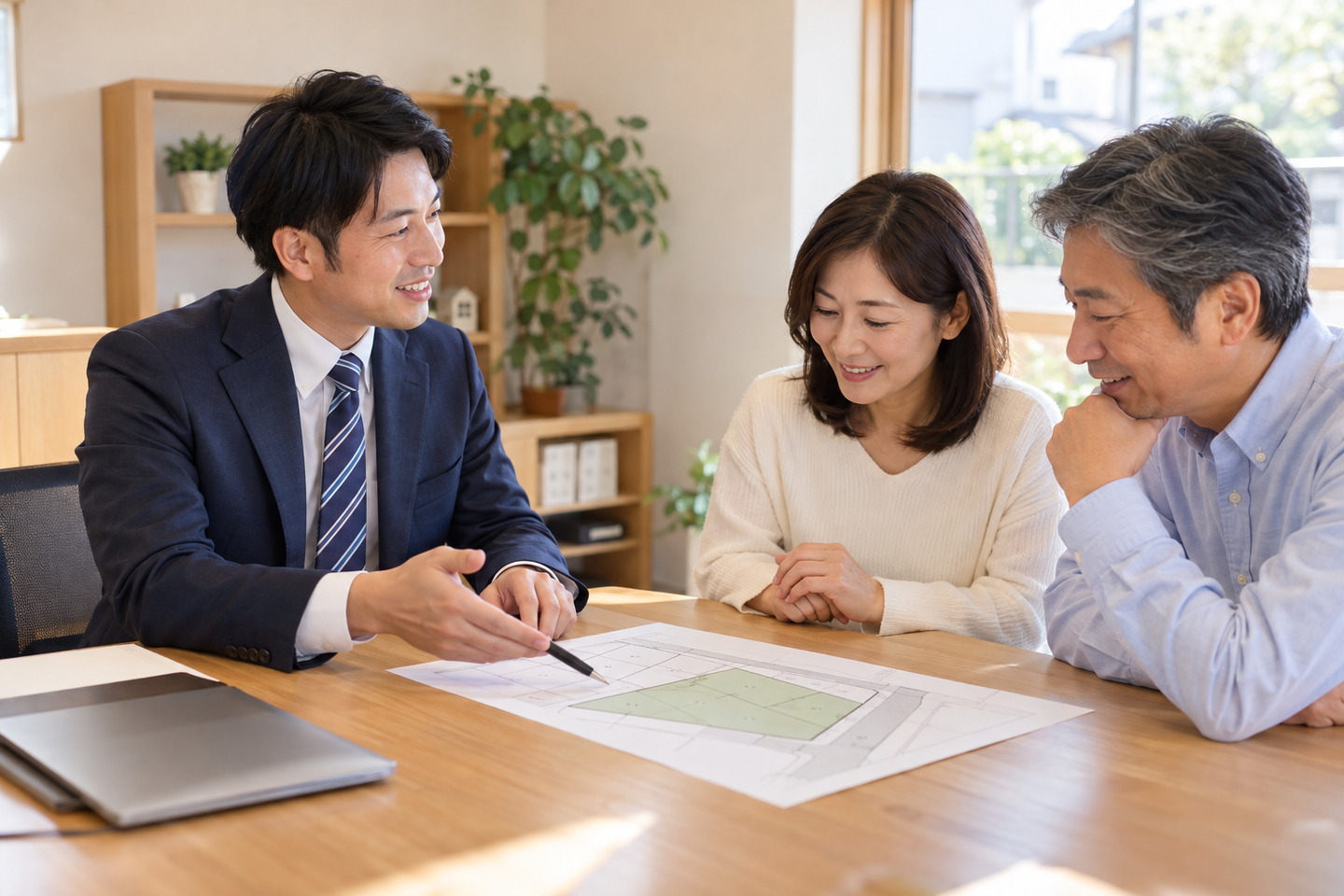 土地売却を相談する夫婦と担当者のイメージ