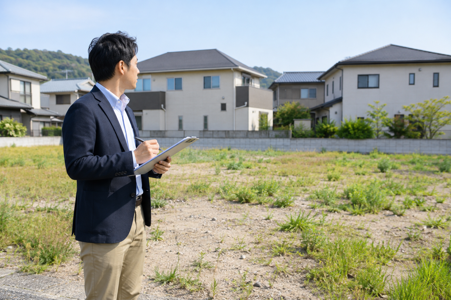 現地で土地の状態を確認する担当者のイメージ